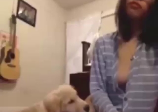 Asian hottie wants this dog to lick her good